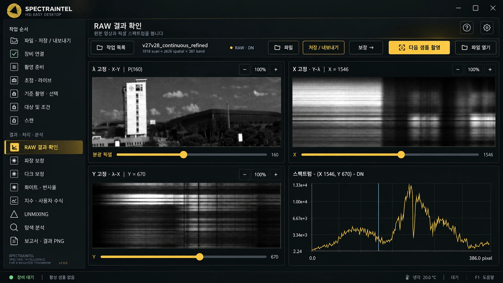 파장별 영상과 선택 픽셀 스펙트럼을 확인하는 HSI-VIEWER 화면